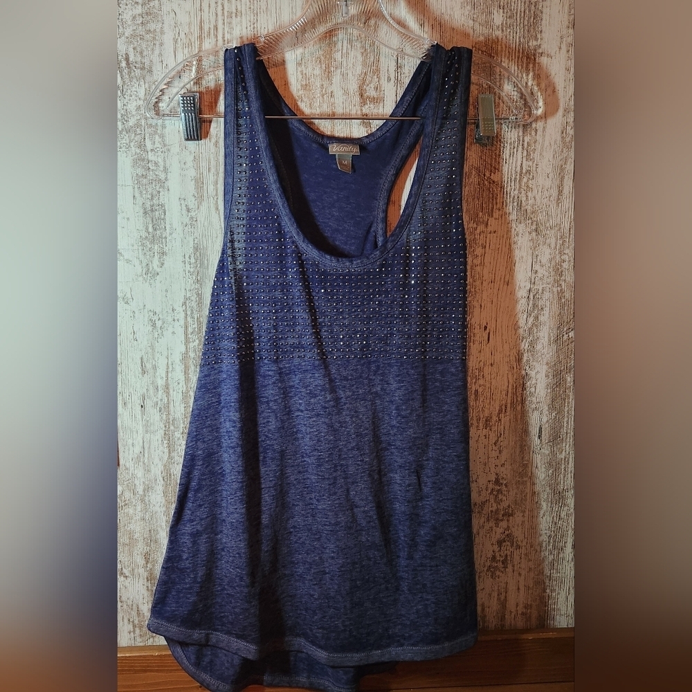 Vanity Deep Blue Embellished Lightweight Sheer Tank Top